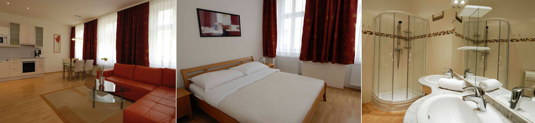 Wohnzimmer mit komplett ausgestatteter K?che, Esstisch und Schlafsofa, ger?umiges Schlafzimmer mit Doppelbett, Badezimmer mit Doppelwaschbecken, Dusche und Waschmaschine - Komfort Apartment