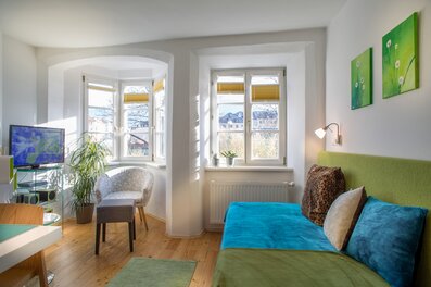 This sun-filled studio apartment in Salzburg Old Town – Steingasse – combines authentic Altbau character with modern comfort, making it an ideal short-term rental for business travellers, expats and project-based professionals. Clearly visible in the image: original hardwood plank flooring, white plastered walls with a charming arched alcove, large multi-pane casement windows with pleated blinds offering open city views. The furnished apartment features a comfortable sofa bed with teal upholstery and a green padded headboard, decorative cushions, and a wall-mounted reading lamp. Additional amenities include a flat-screen TV on a glass stand, a shelving unit with speakers, a lounge chair with matching footstool, a side table, and several indoor plants. A radiator beneath the window ensures year-round warmth. Two vibrant green art prints add a modern accent. Located in Salzburg's UNESCO World Heritage Old Town, this temporary living solution is available for 1–6 months. Move in ready, fully equipped, centrally located – no hidden costs, no hassle.