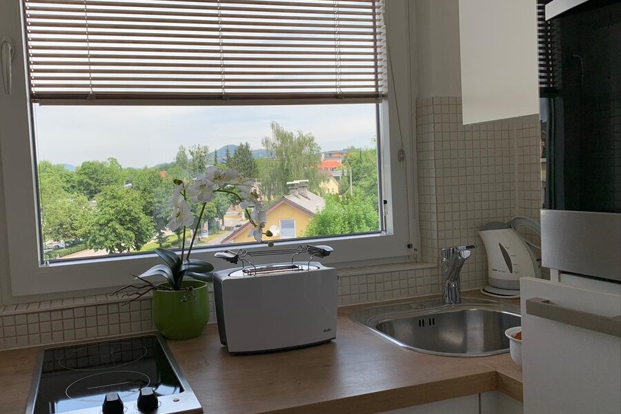 kleine, abgeschlossene Küche mit Kochfeld, Backrohr, Kühlschrank, Nespressomaschine, Wasserkocher und div. Geschirr