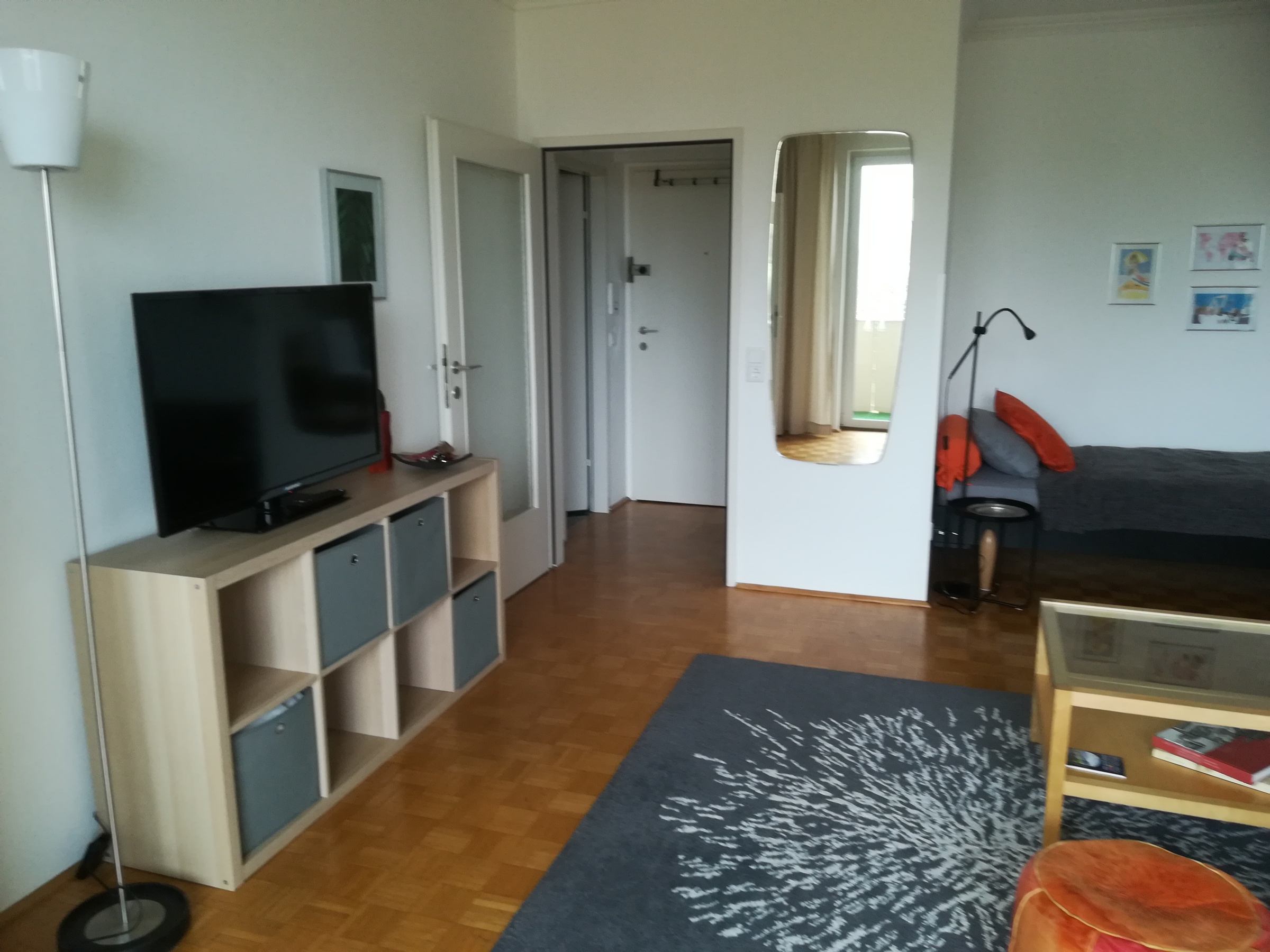 Wohnraum, Blick zur Schlafnische mit Bett 120x200, Anrichte mit TV, Blick zum Eingang