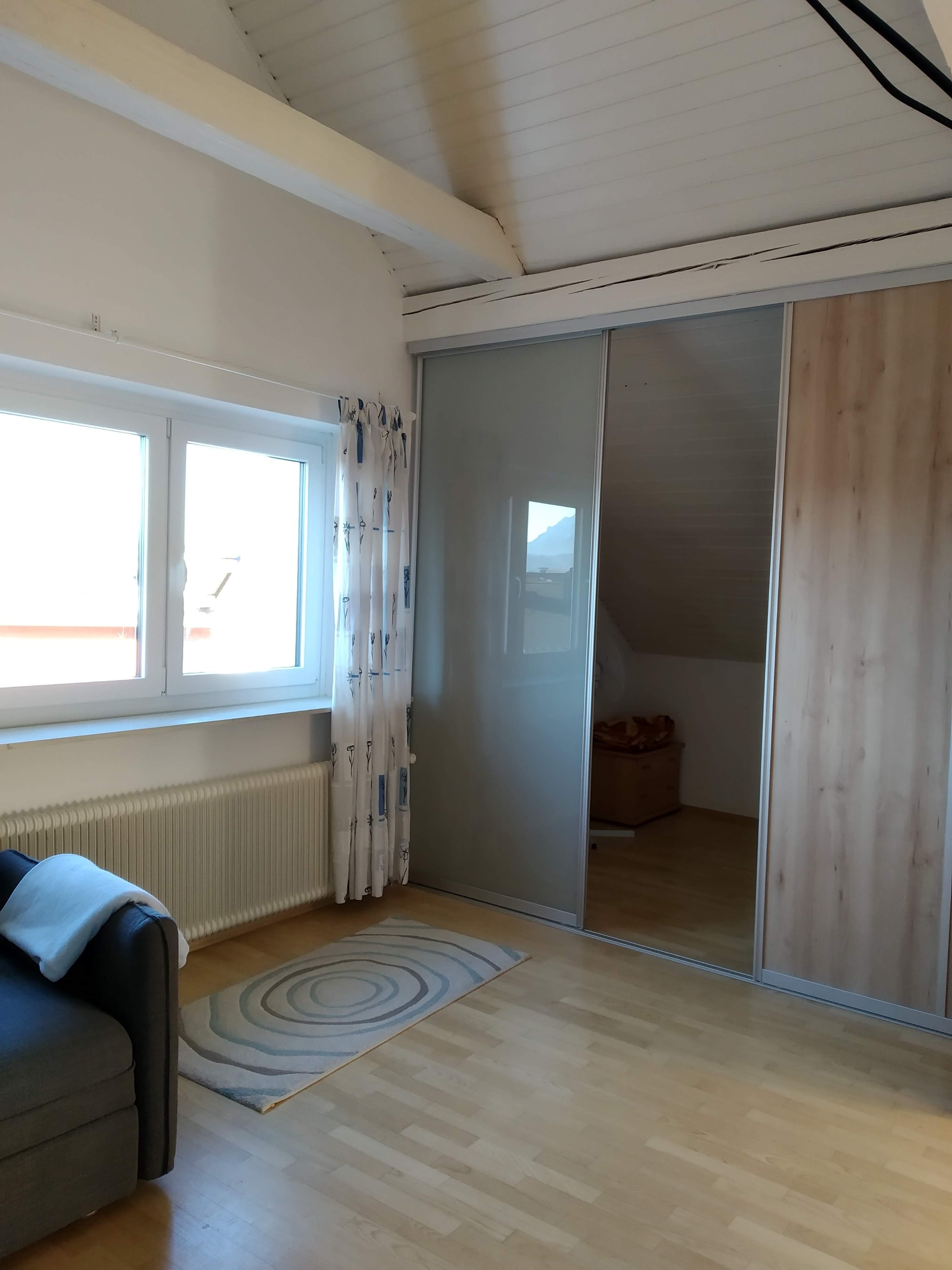 the sleeping alcove is separated from the rest of the living room by a sliding wall