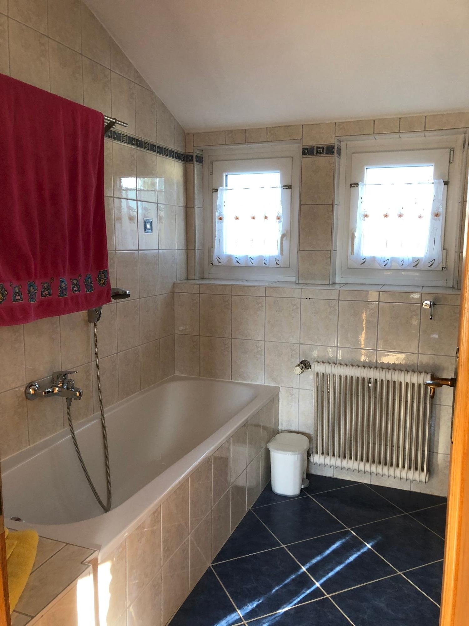 bathroom with windows, equipped with bathtub and shower