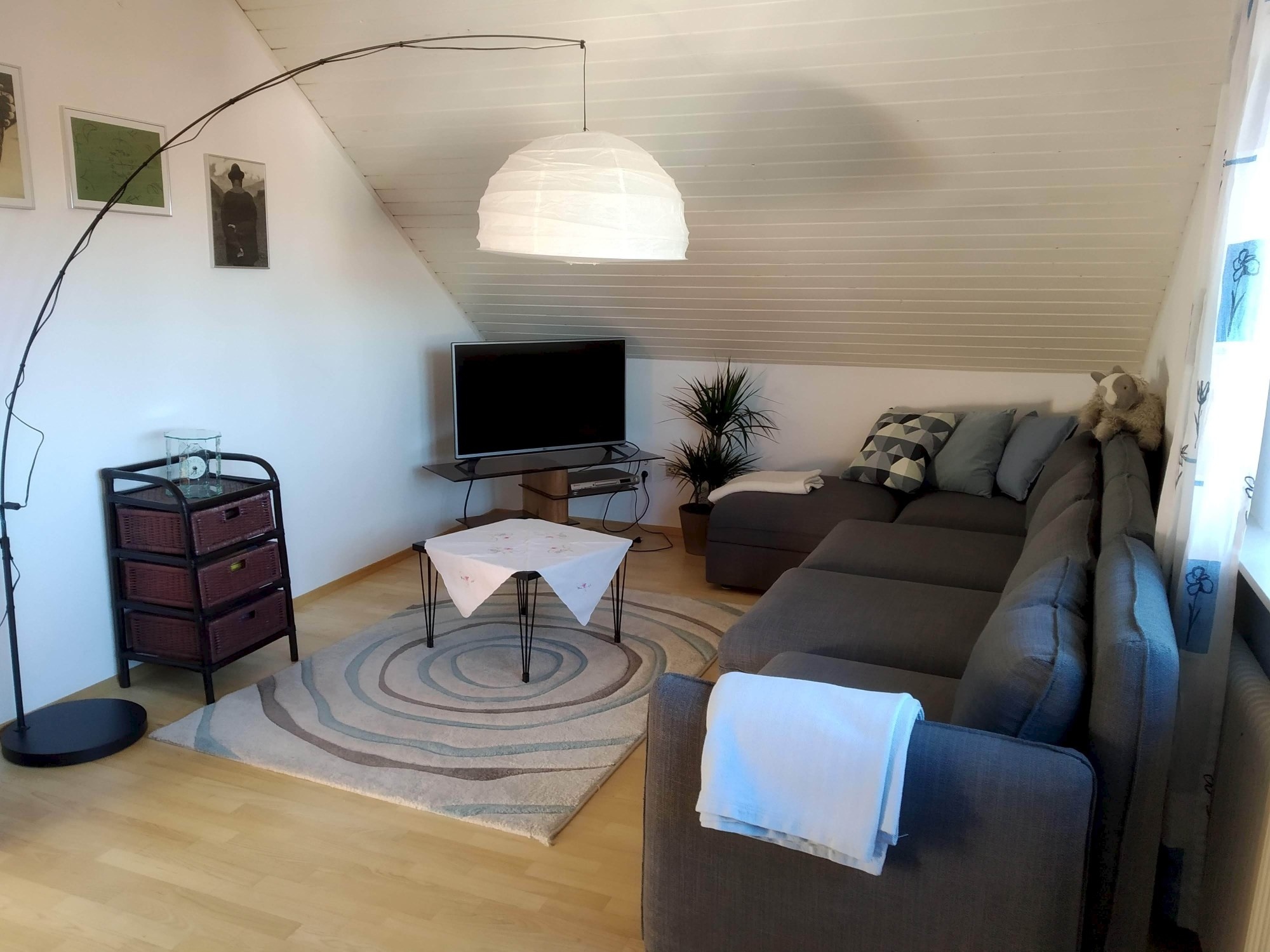 large living room with pul-out couch and additional sleeping alcove