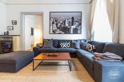 spacious living room with fireplace